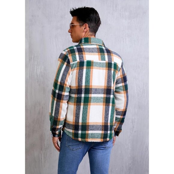 Men'sGreen/KhakiSherpa Lined Button Down Flannel Shirt Jacket Plaid Soft - Picture 5 of 7